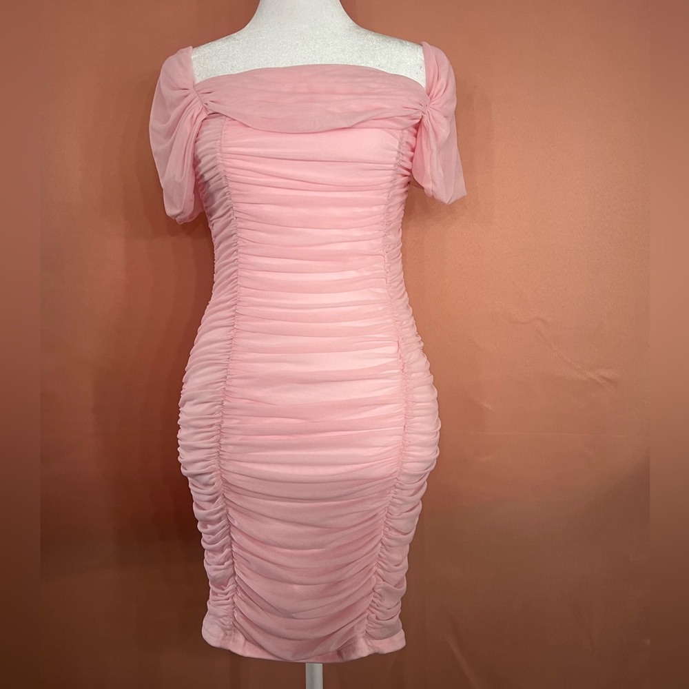 Pink Ruched Elegant Dress - Formal Spring Day Dress for Women - Picture 7 of 11